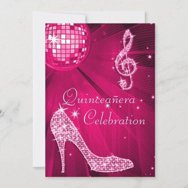Hot Pink Disco Ball and Sparkle Heels Quinceañera Invitation (Front)