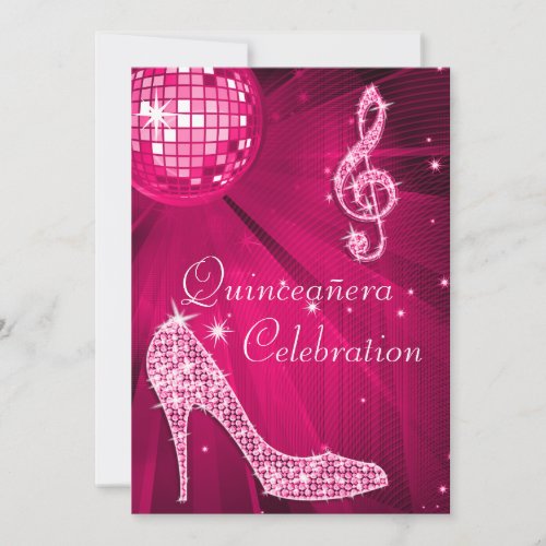 Hot Pink Disco Ball and Sparkle Heels Quinceaera Invitation