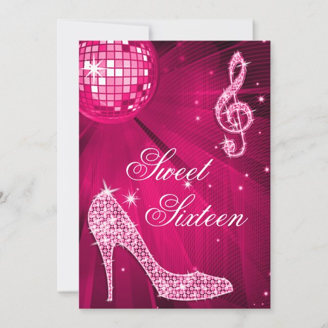 Hot Pink Disco Ball and Sparkle Heels Sweet 16 Invitation (Front)