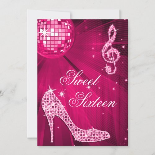 Hot Pink Disco Ball and Sparkle Heels Sweet 16 Invitation