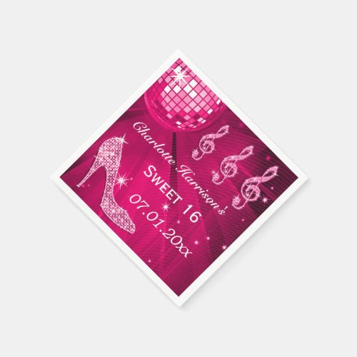 Hot Pink Disco Ball and Sparkle Heels Sweet 16 Paper Napkins