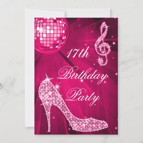 Hot Pink Disco Ball Sparkle Heels 17th Birthday Invitation