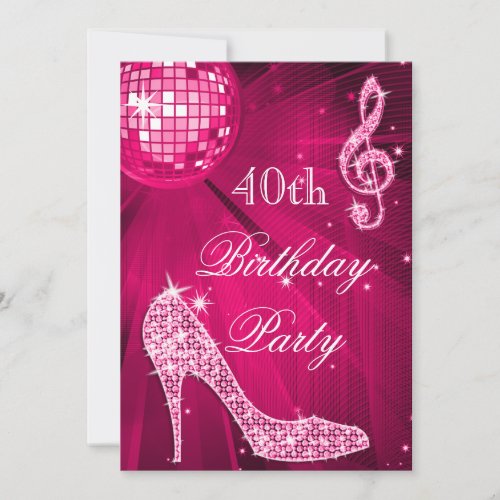 Hot Pink Disco Ball Sparkle Heels 40th Birthday Invitation