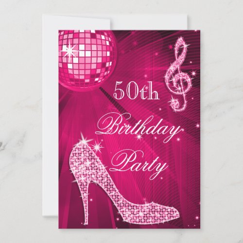 Hot Pink Disco Ball Sparkle Heels 50th Birthday Invitation
