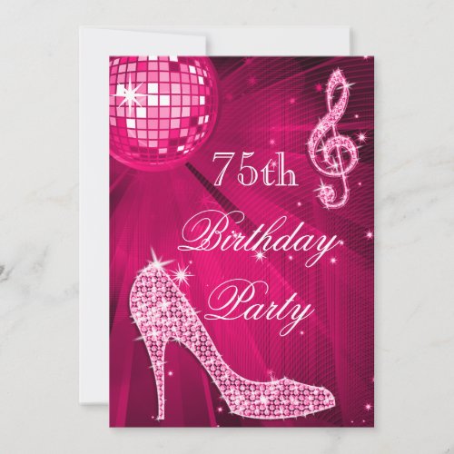 Hot Pink Disco Ball Sparkle Heels 75th Birthday Invitation