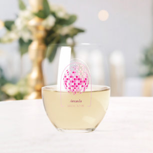 Hot Pink Disco Boogie Bridal Shower Stemless Wine Glass