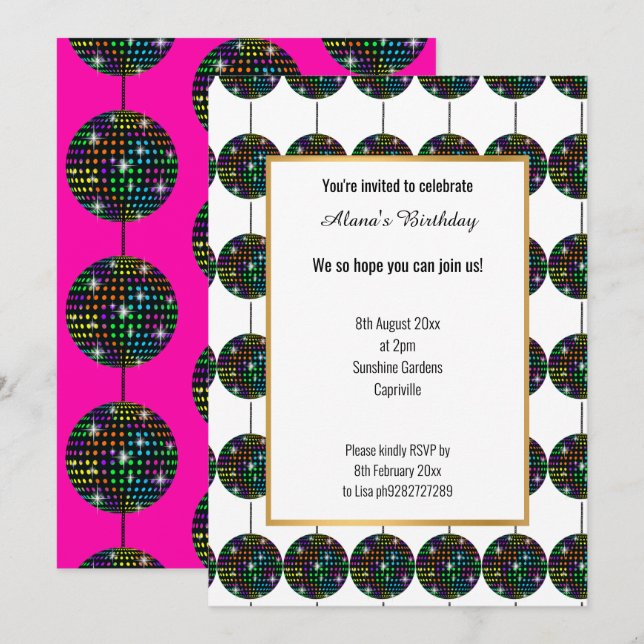 HOT PINK DISCO PARTY THEME GOLD ALL OCCASION INVITATION (Front/Back)