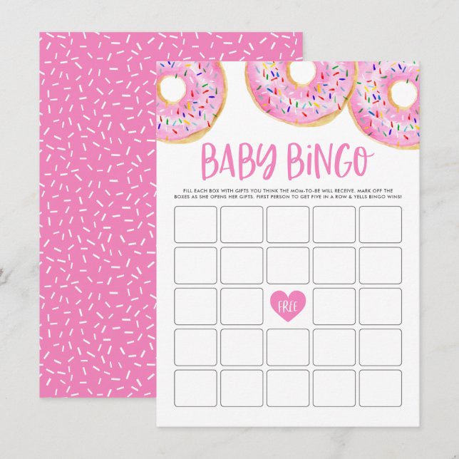 Hot Pink Donuts Baby Shower Bingo Game Card (Front/Back)