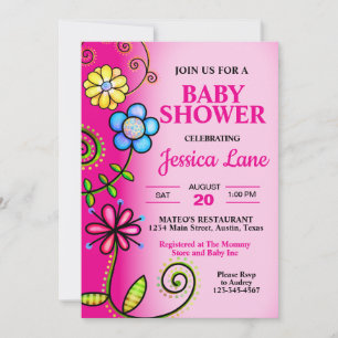 Hot Pink Doodle Flowers Baby Shower Invitation