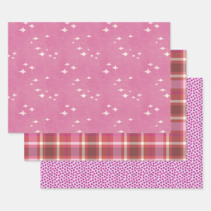 Hot pink dots, stars and plaid wrapping paper sheets