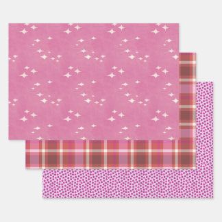 Hot pink dots, stars and plaid wrapping paper sheets