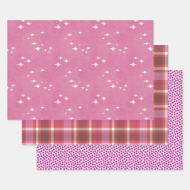 Hot pink dots, stars and plaid wrapping paper sheets (Set)