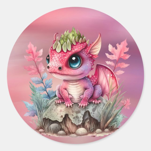 Hot Pink Dragon Girl Baby Shower Classic Round Sticker (Front)
