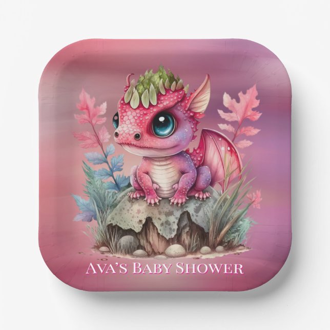 Hot Pink Dragon Girl Baby Shower Paper Plates (Front)