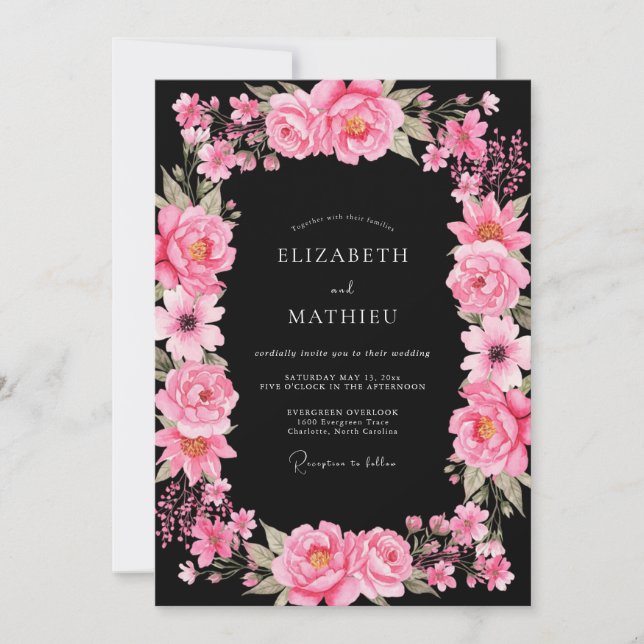 Hot Pink Dramatic Botanical Wedding Invitation (Front)