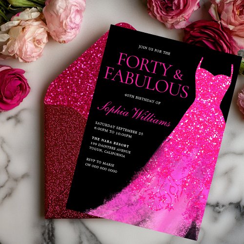 Hot Pink Dress Black 40th Birthday Party  Invitation