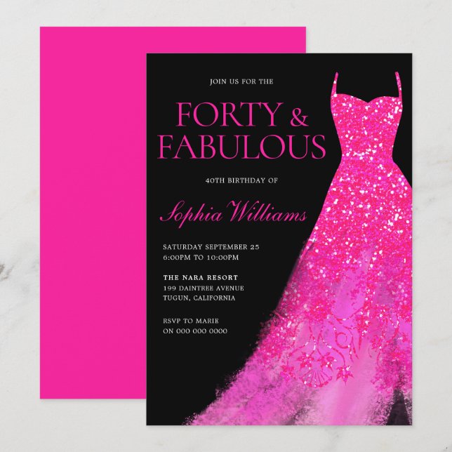 hot pink and black party dress 40th Birthday Invitation teeshopsale