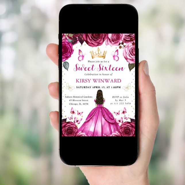 Hot Pink Dress Brunette Princess Sweet 16 Invitation (Front Digital)