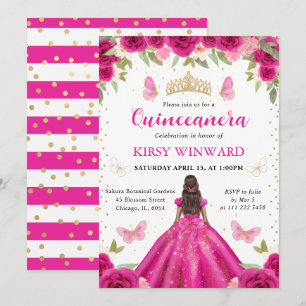 Hot Pink Dress Dark Skin Princess Quinceanera Invitation