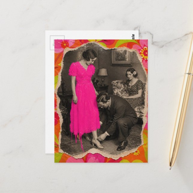 Hot Pink Dress Lady Collage AI Enhanced Postcard (Front/Back In Situ)