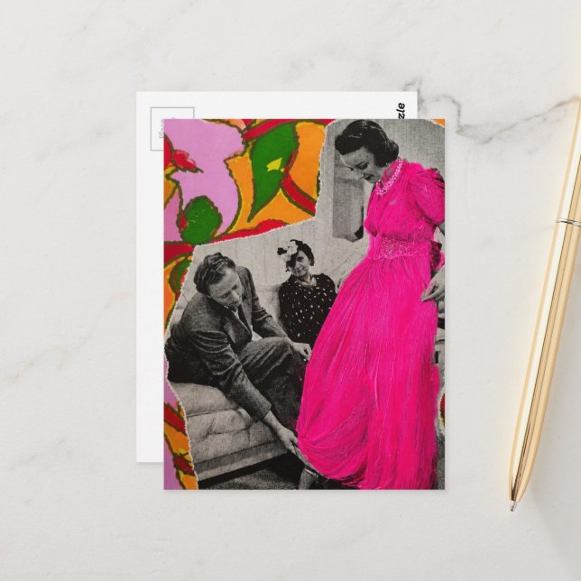 Hot Pink Dress Model Lady Flowers AI Enhanced Postcard (Front/Back In Situ)