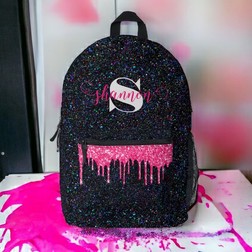 Hot Pink Drip Black Glitter Custom Name Backpack