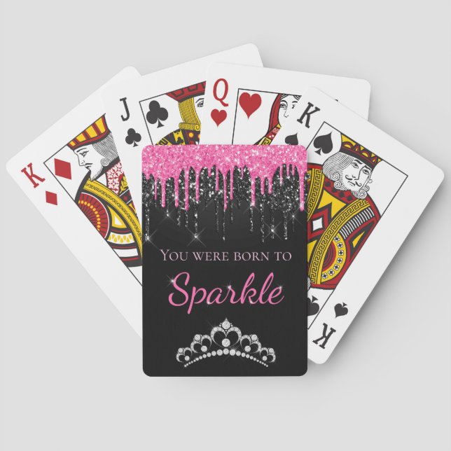 Hot Pink Dripping Faux Glitter Born to Sparkle Poker Cards (Back)
