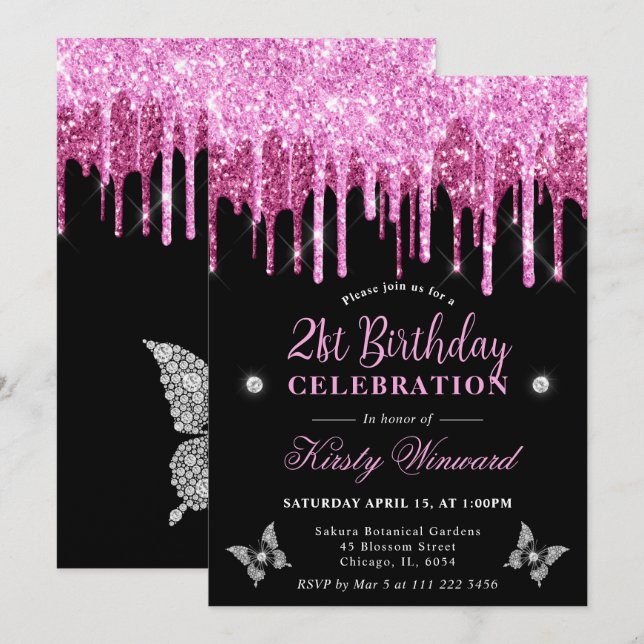 Hot Pink Dripping Glitter 21st Birthday Invitation (Front/Back)