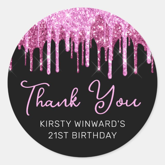 Hot Pink Dripping Glitter Birthday Classic Round Sticker (Front)