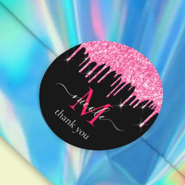 Hot Pink Dripping Glitter + Black Monogram Thank U Classic Round Sticker (Creator Uploaded)