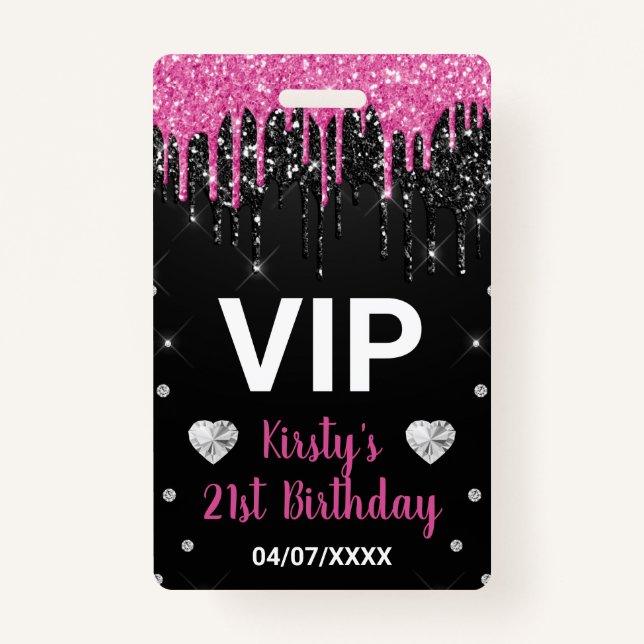 Hot Pink Dripping Glitter & Diamonds Birthday Badge (Front)