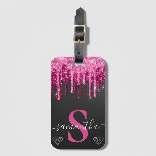 Hot Pink Dripping Glitter on Black Monogram Luggage Tag