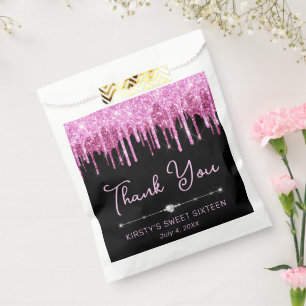 Hot Pink Dripping Glitter on Black Sweet 16 Favor Bag