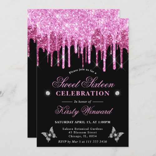 Hot Pink Dripping Glitter Sweet 16 Invitation