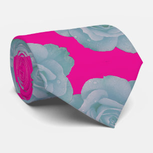 Hot Pink Dusty Blue Floral Rose Vintage Gift Favor Neck Tie