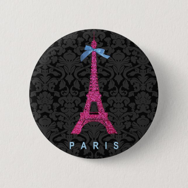 Hot Pink Eiffel Tower in faux glitter Button (Front)