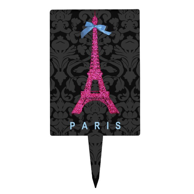 Hot Pink Eiffel Tower in faux glitter Cake Topper (Front)