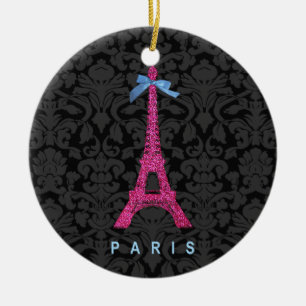 Hot Pink Eiffel Tower in faux glitter Ceramic Ornament