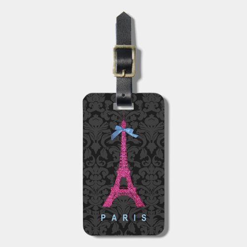 Hot Pink Eiffel Tower in faux glitter Luggage Tag