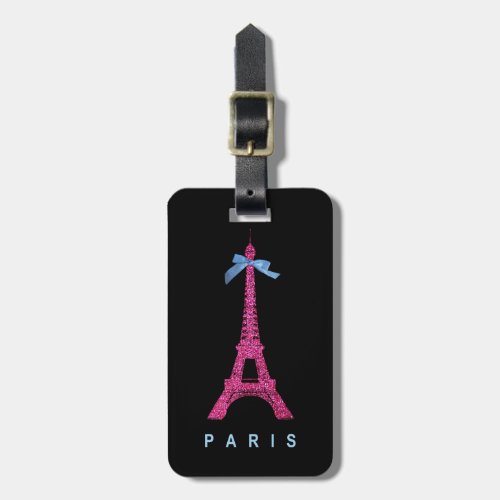 Hot Pink Eiffel Tower in faux glitter on black Luggage Tag