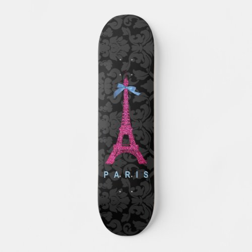 Hot Pink Eiffel Tower in faux glitter Skateboard