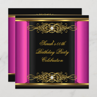Hot Pink Elegant Birthday Party Black Gold Invitation