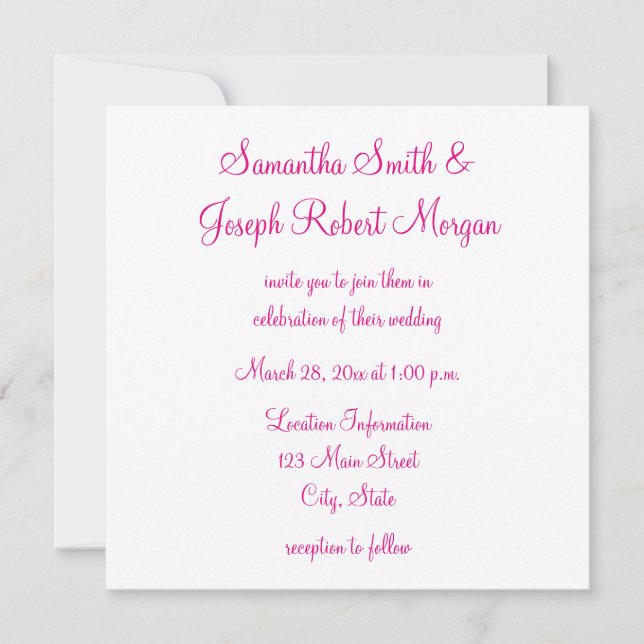 Hot Pink Elegant Calligraphy Solid White Wedding Invitation (Front)