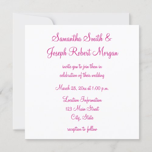 Hot Pink Elegant Calligraphy Solid White Wedding Invitation