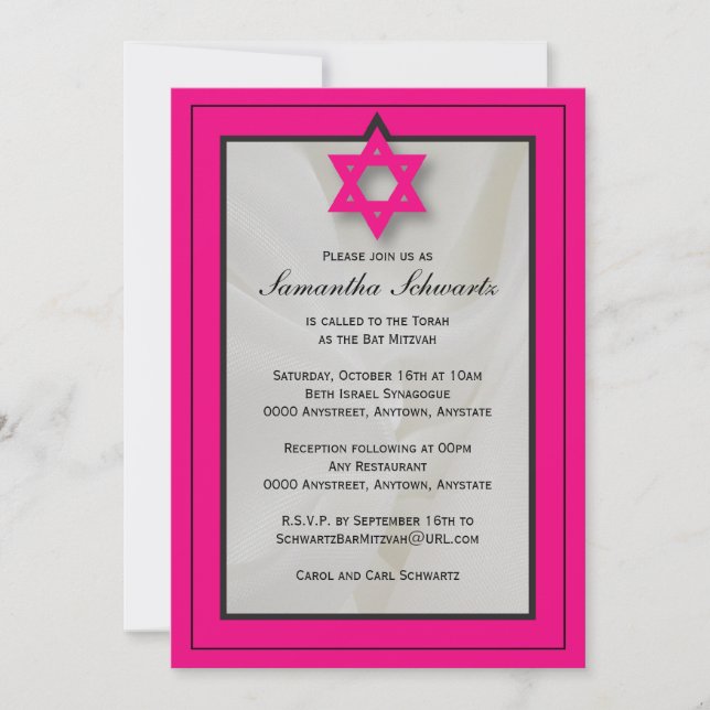 Hot Pink Elegant Fabric Bat Mitzvah Invitation (Front)
