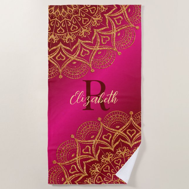 Hot Pink Elegant Mandala Monogram Summer Beach Towel (Front)