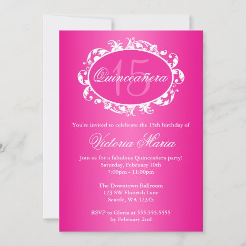 Hot Pink Elegant Swirl Quinceanera Birthday Party Invitation