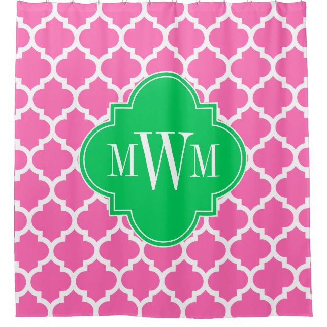 Hot Pink Emerald Green Wht Moroccan #5 3I Monogram Shower Curtain (Front)