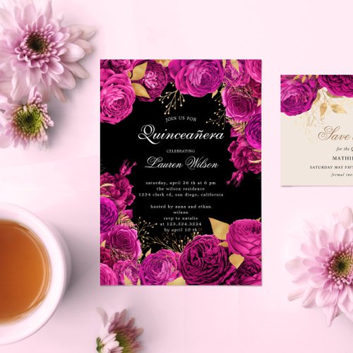 Hot Pink Exclusive Floral Photo Quinceanera  Invitation