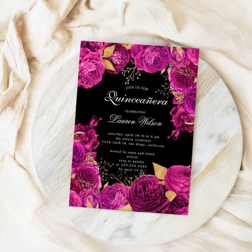Hot Pink Exclusive Floral Photo Quinceanera  Invitation